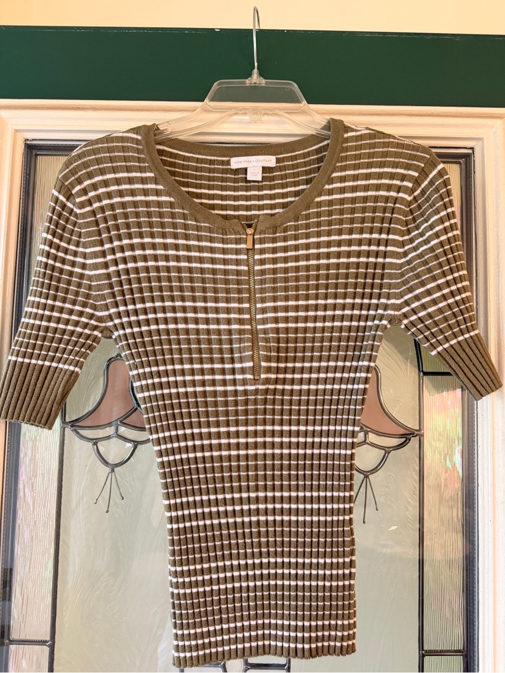 New York & Company Olive and White Striped Ribbed Zip-Front Top